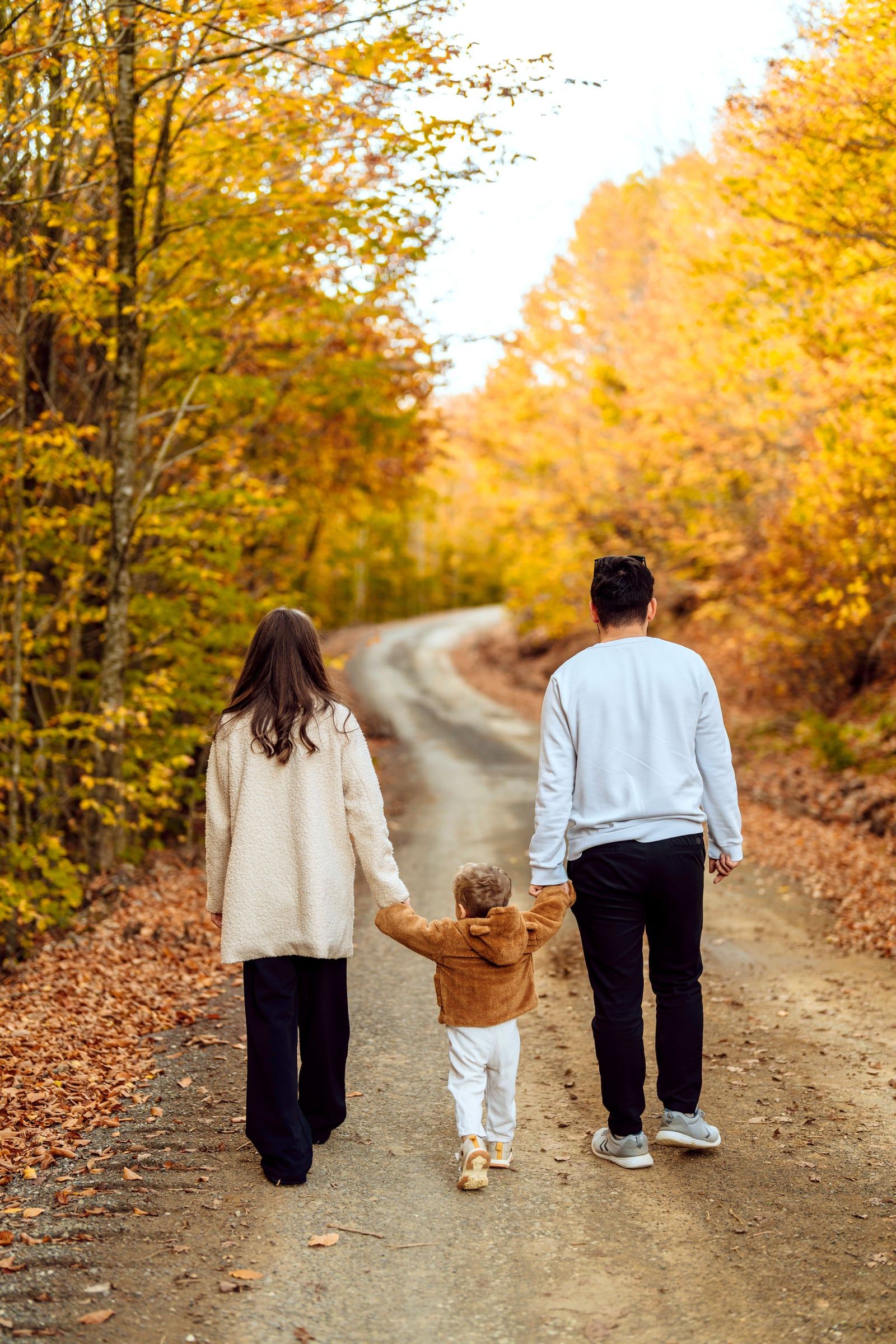 Familie geht von hinten gesehen einen Waldweg im Herbst entlang.